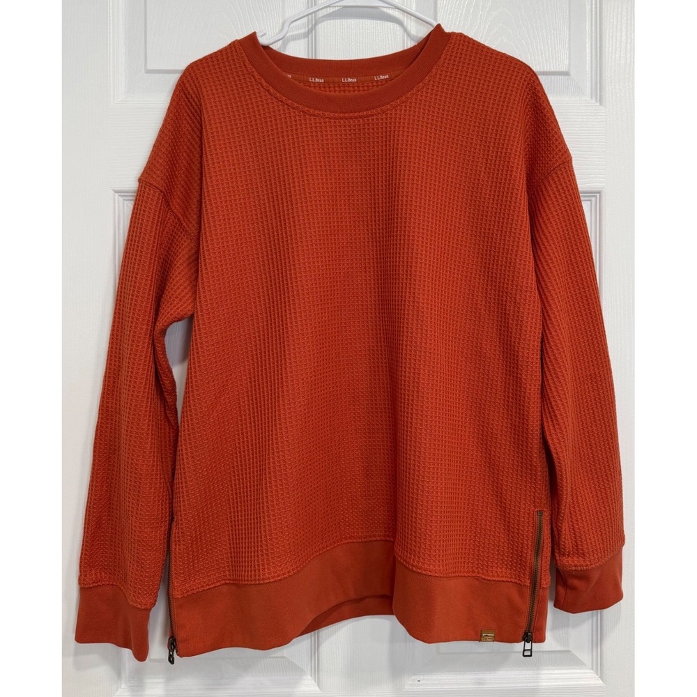 L.L.Bean Womens Waffle Knit Thermal Side Zip Pullover Sweatshirt Orange L